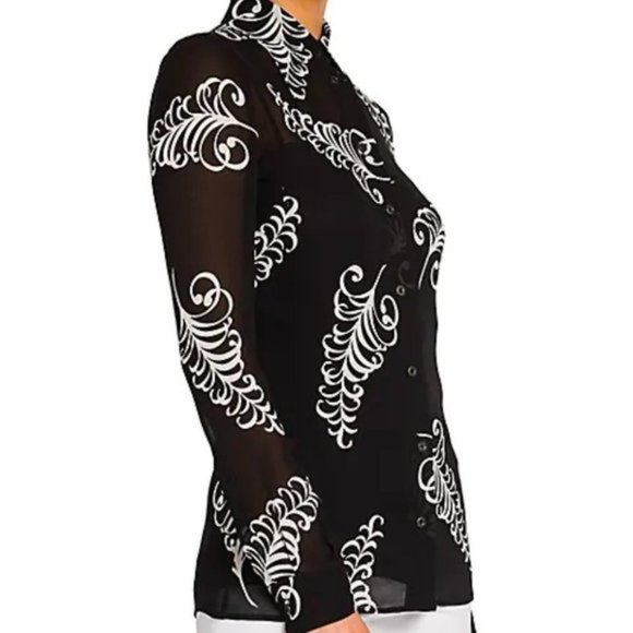 Prada Feather black and white print sheer crepe shirt $1400 - Picture 2 of 11